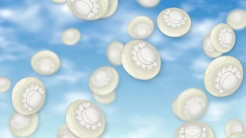 Animated White Button Mushrooms Falling Against a Bright Blue Sky Stock Footage 345125188