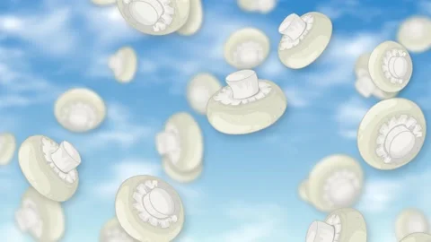 Animated White Button Mushrooms Falling Through a Bright Blue Sky Stock Footage 346206861