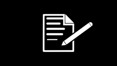 Animated White document icon with lines of text and a pencil on a black bac.. Stock Footage 332060404