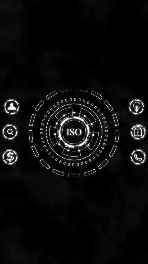 Animated White ISO Icon with Circular HUD Elements and Icons on Black Backg.. Stock Footage 344859099