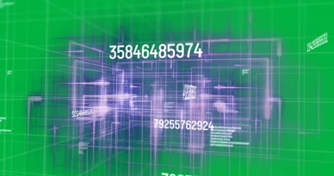 Animated white numbers and data process on a glowing purple grid, symbolizing Stock Footage 325645430