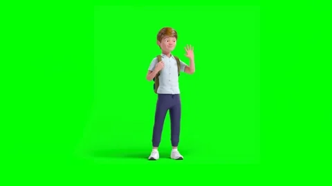 Animated White Schoolboy With Backpack Waving Standing on Green Background Vídeo Stock 316800908