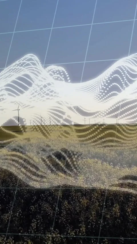 Animated white waveform visualizing real-time turbine data, morphing over grid Stock Footage 334550014