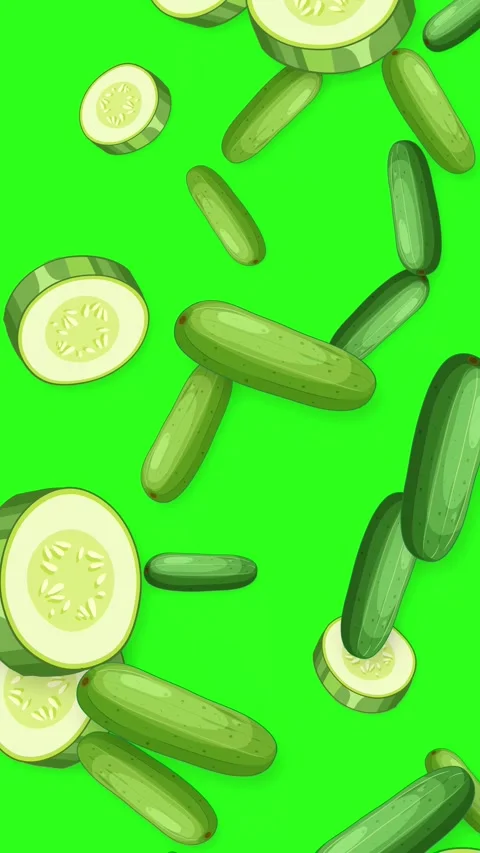 Animated Whole and Sliced Cucumbers Falling on Green Background Stock Footage 342237780