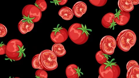 Animated Whole and Sliced Red Tomatoes Falling on Black Background Stock Footage 342218097