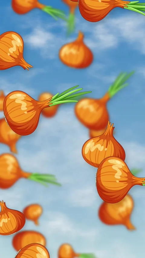 Animated Whole Onions Falling Through a Blue Sky with Clouds Stock Footage 342218990