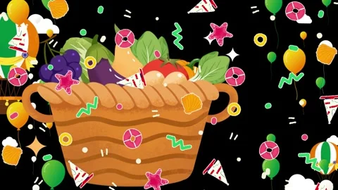 Animated wicker baskets filled with fresh vegetables floating against dark sky 库存影片 338389147
