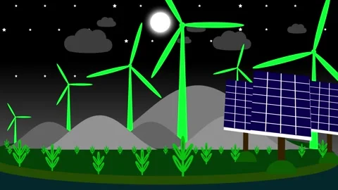 Animated wind turbine concept. wind cloud and sun animation, eco city using.. Stock Footage 263873550