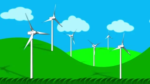 Animated wind turbines rotating on green hills under a blue sky Stock Footage 335952364