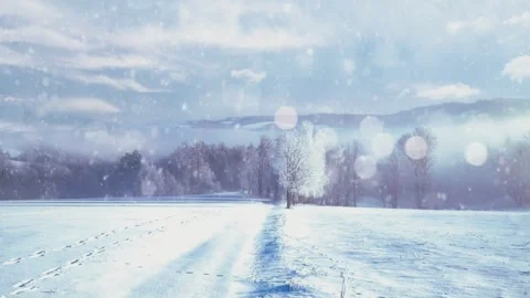 Animated winter falling snow landscape with frosted trees, snowy field. 스톡 동영상 309871435