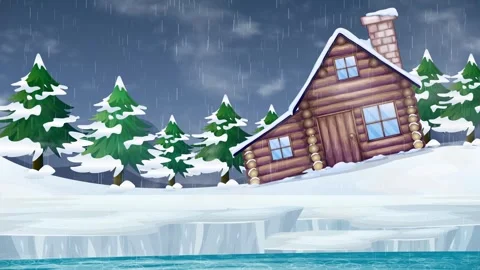 Animated Winter Landscape with Log Cabin and Rain Falling on Water Stock Footage 343830900