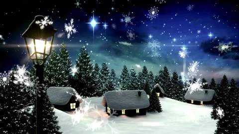 Animated winter village scene with falling snowflakes at night Stock-Footage 333484512