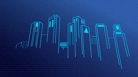 Animated Wireframe Cityscape with Growing Skyscrapers on Blue Dot Background Vídeo Stock 343638672
