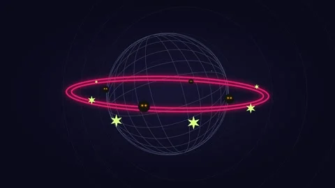 Animated wireframe globe with glowing ring and stars motion loop Stock Footage 345344484