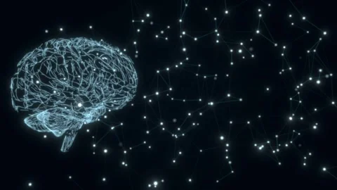 Animated wireframe human brain beside moving plexus network of lines and dots on 스톡 동영상 346872790