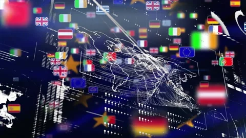 Animated wireframe world map floating on dark navy UI showing network lines Vidéo 309108903