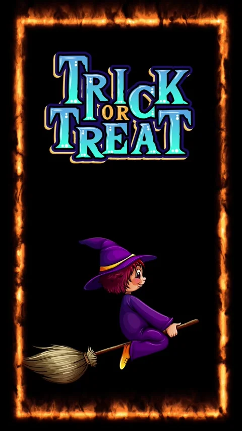 Animated Witch on Broomstick with Trick or Treat Text and Fire Frame Stock Footage 339380235