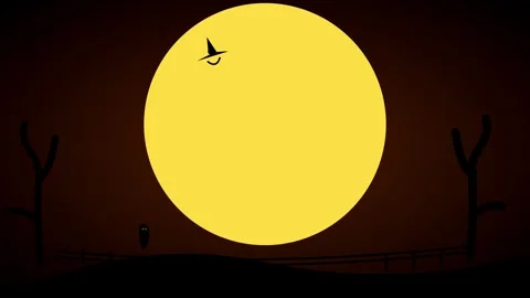 Animated witch flying past giant full moon silhouette 動画素材 345548923