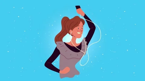 Animated woman dancing while listening to music with wired earphones on sma.. Video stock 338397900
