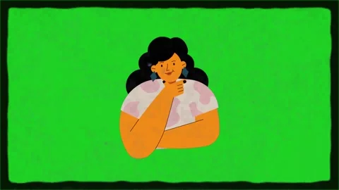 Animated woman pointing and thinking gestures against vibrant green screen Stock Footage 346127782