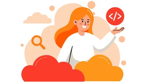 Animated Woman Presenting Coding and Technology Concept with Search and Clou Stock-Footage 342589792