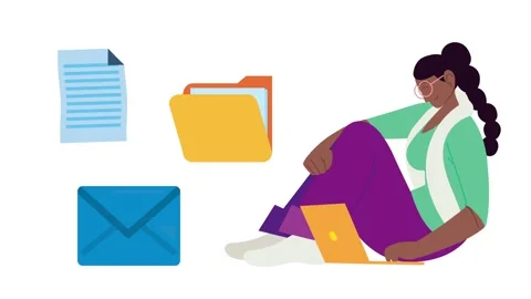 Animated woman sitting on floor using laptop with floating digital icons of.. Stock-Footage 338983844