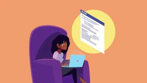 Animated woman using laptop while sitting on purple chair with web document.. Stock Footage 339046962