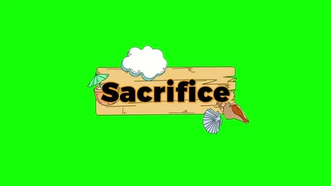 Animated wooden sign spelling sacrifice with sea shells and clouds on green Stock-Footage 344410153