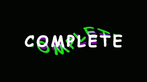 Animated word COMPLETE with glitch effect in six sections on black background Stock Footage 344288158