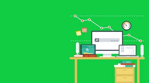 Animated workspace with business analytics tools on green. Stock Footage 300376330