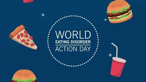 Animated world eating disorder action day text with junk food background mo.. Stock Footage 338422725