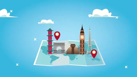 Animated world map with famous global landmarks and travel destination icon.. Vídeos de archivo 334268485