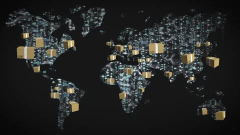 Animated world map filled with moving packages and digital patterns, visualizing Stock Footage 328703213