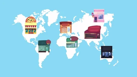 Animated world map graphic featuring multiple shop icons appearing across c.. Stock Footage 338419254