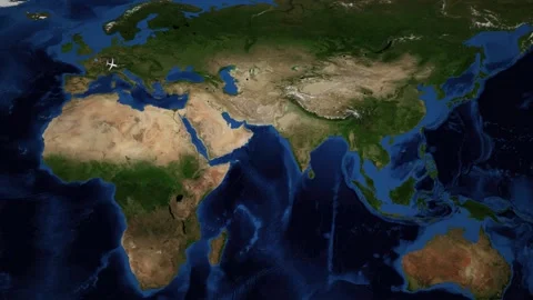 Animated World Map Showing Flight Route from Paris to Seoul Stock Footage 347924617