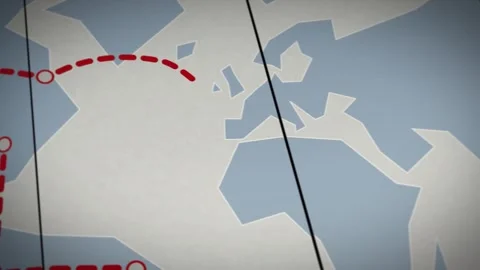 Animated world map showing travel route with red dashed line across continent Stock Footage 337404643