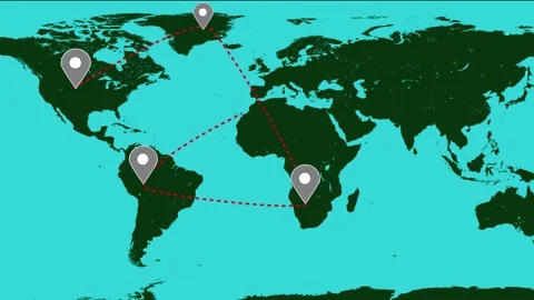 Animated world map shows dashed red lines linking continents and oceans cre.. Stock Footage 321591602