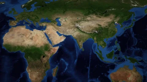 Animated World Map Tracking Airplane Flight Path from Seoul to Munich Video stock 337864560