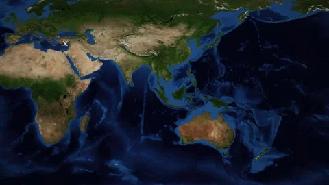 Animated World Map Tracking Airplane Flight Path Between Istanbul and Melbourne Stock Footage 341072796