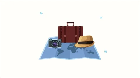 Animated world map with travel essentials including a suitcase camera and h.. Stock Footage 333607989