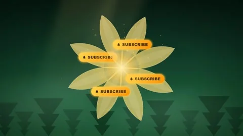 Animated yellow flower with floating subscribe buttons on a dark green abstract Stock Footage 344773675