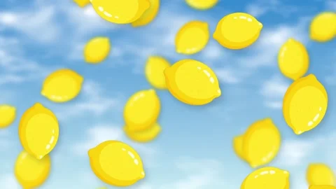 Animated Yellow Lemons Falling Against a Bright Blue Sky Background Stock Footage 344379127