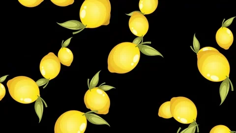 Animated Yellow Lemons Falling Against a Solid Black Background Stock Footage 346114999