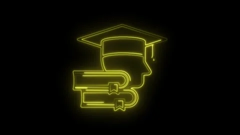 Animated yellow outline icon of graduation cap and books on a black backgroun Stock Footage 312320437