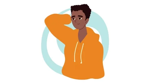 Animated young black man in orange hoodie looking around with hand on forehea Stock Footage 334535933