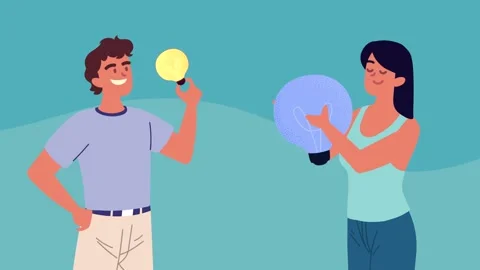 Animated young couple holding light bulbs representing creative ideas and i.. 動画素材 339060875