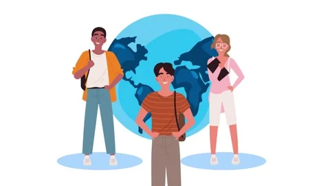 Animated young diverse students standing in front of world globe map symbol.. Vídeo Stock 339073488