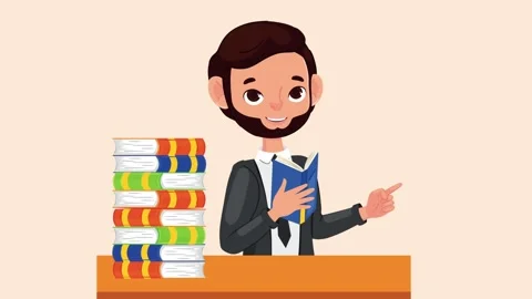 Animated young man appearing behind stack of books, holding a book, and poi.. Vidéo 334266458