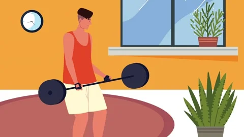 Animated young man exercising with heavy barbell in home gym setup. 動画素材 338401500