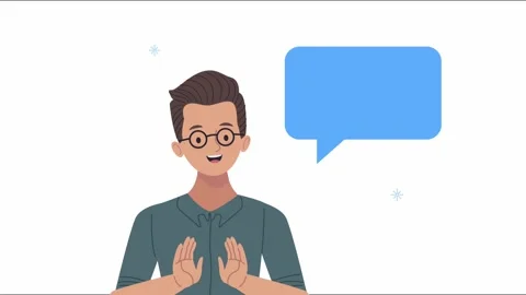 Animated young man with glasses talking with empty blue speech bubble on wh.. Stock Footage 334268445